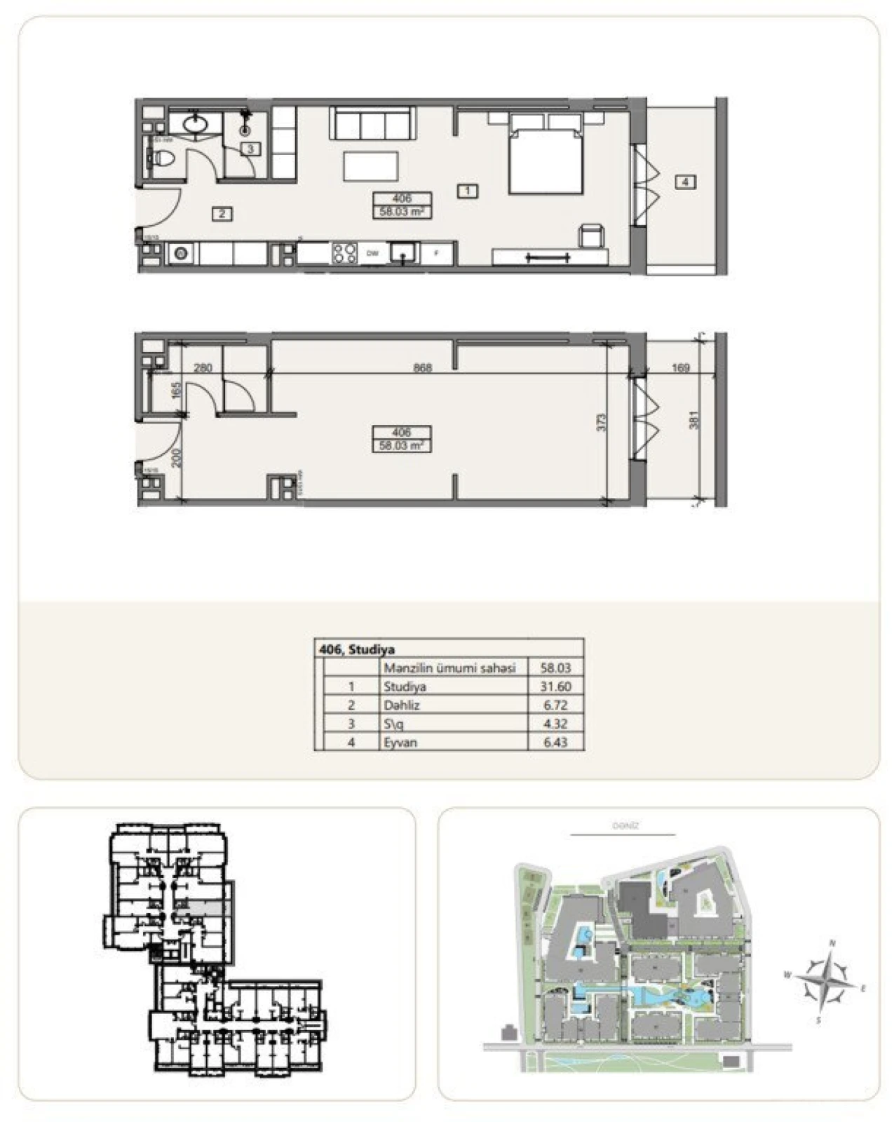 Satılır 1 otaqlı mənzil 58.03 m²