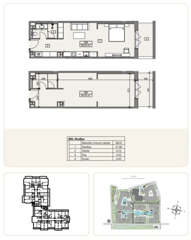 Satılır 1 otaqlı mənzil 58.03 m²