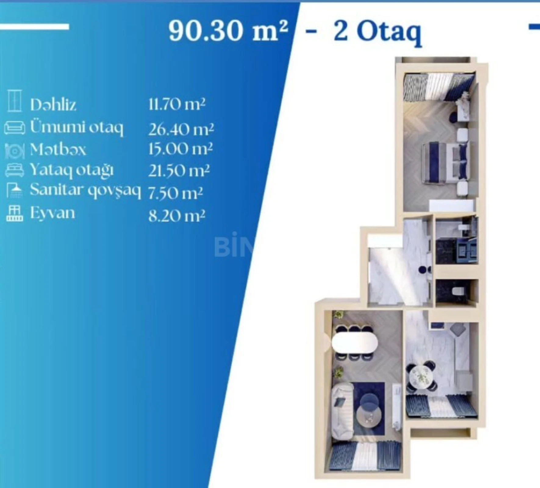 Satılır 2 otaqlı mənzil 90.5 m²