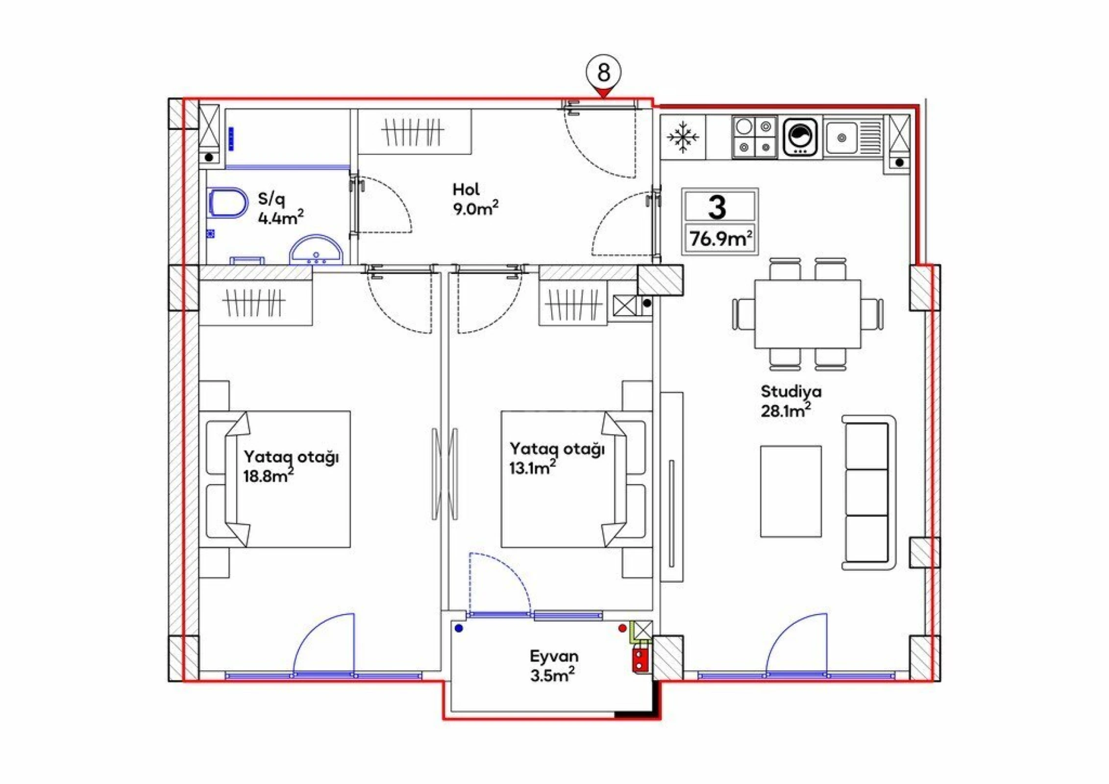 Satılır 3 otaqlı mənzil 76.9 m²