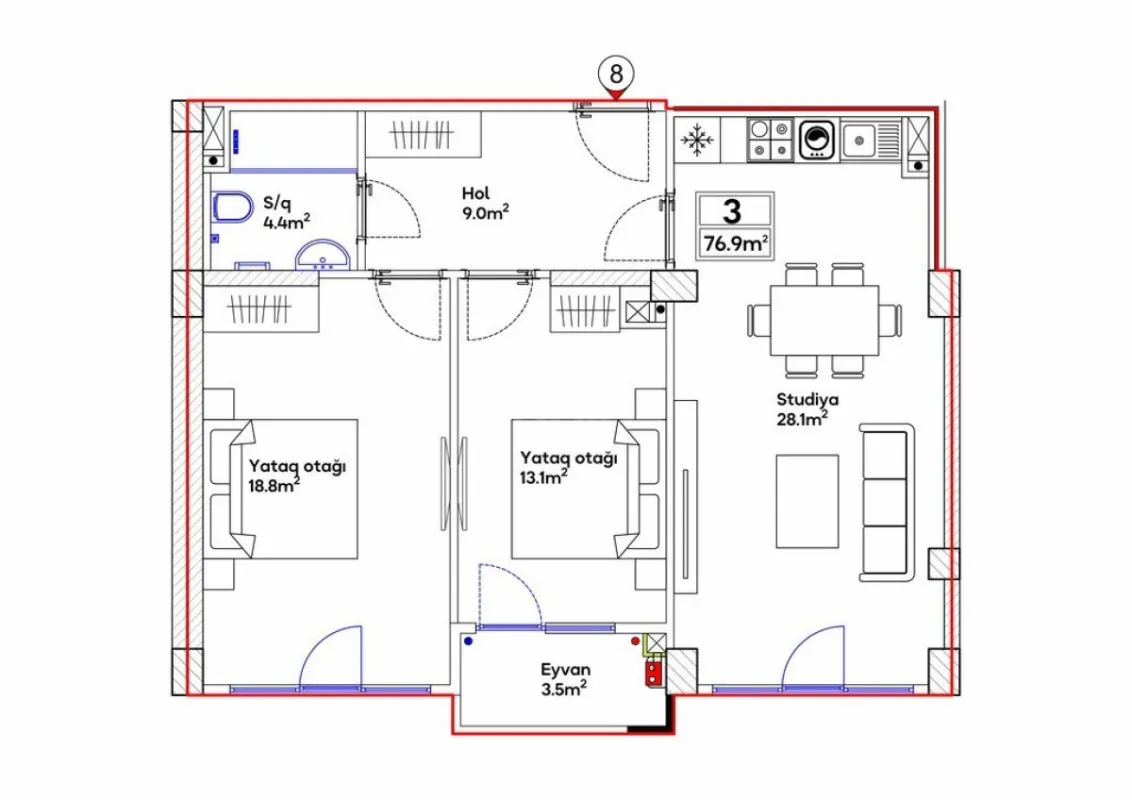 Satılır 3 otaqlı mənzil 76.9 m²