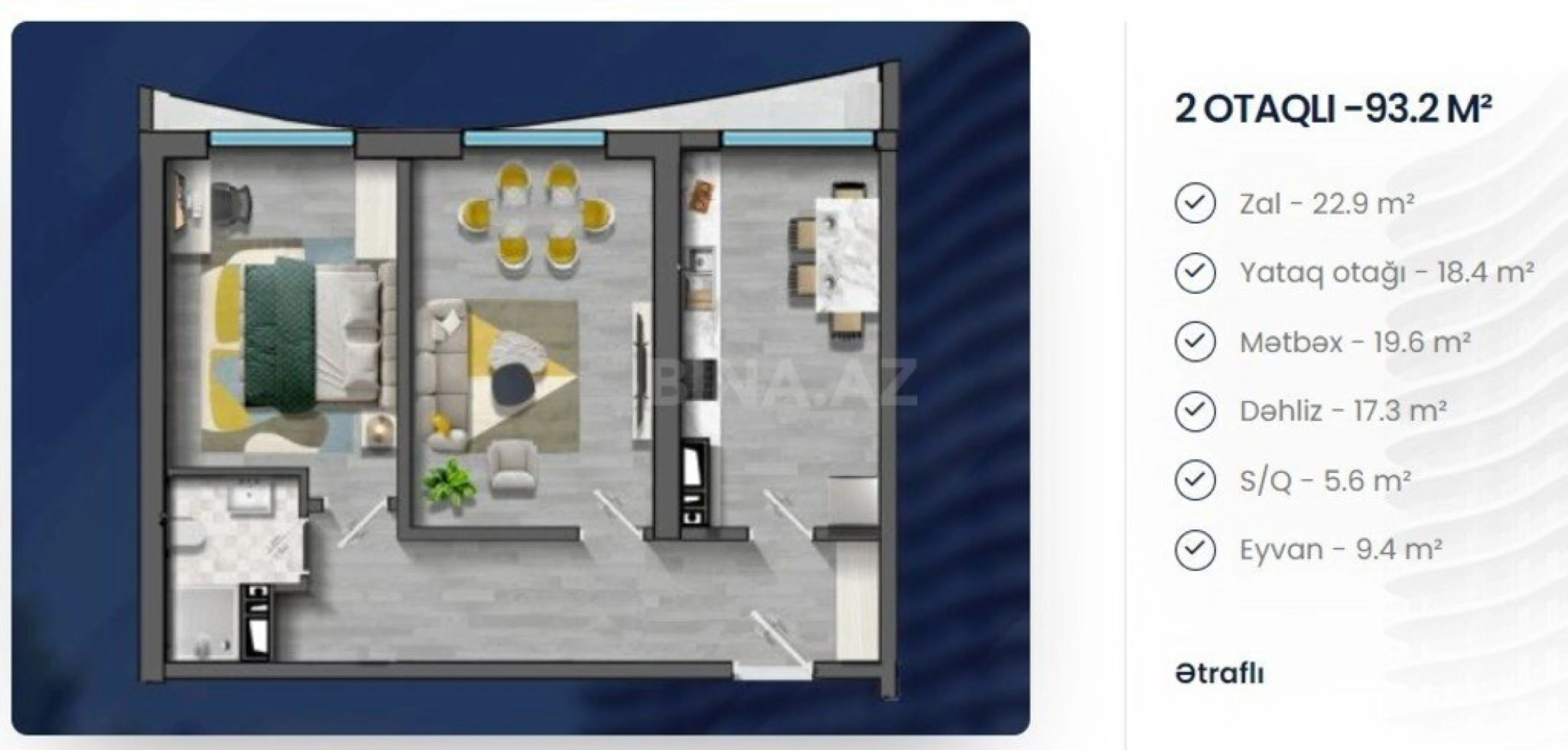 Satılır 2 otaqlı mənzil 93.2 m²