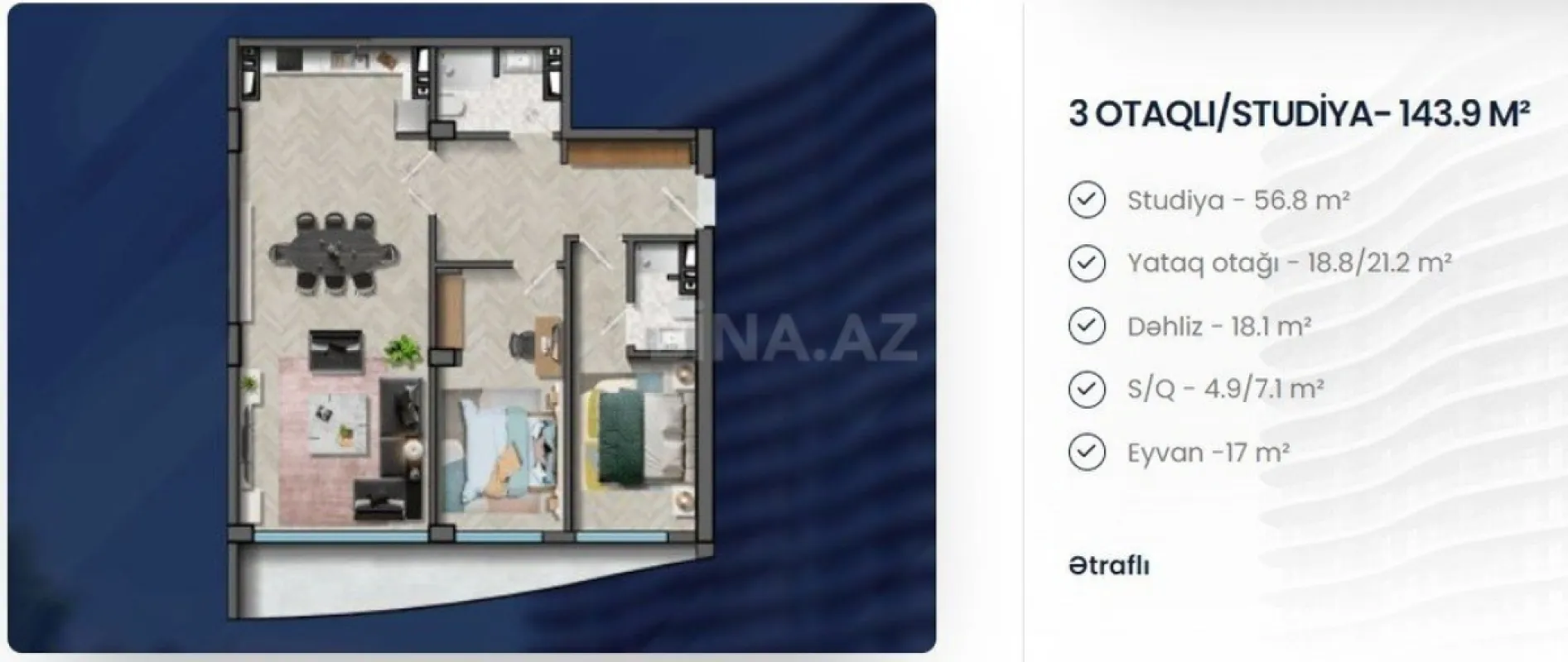 Satılır 3 otaqlı mənzil 143.9 m²