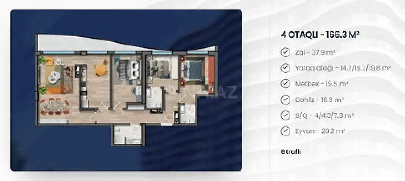 Satılır 4 otaqlı mənzil 166.4 m²