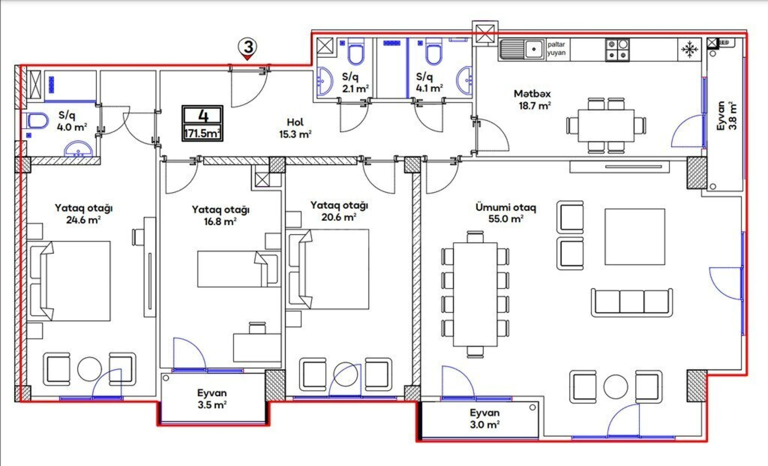 Satılır 4 otaqlı mənzil 171.5 m²
