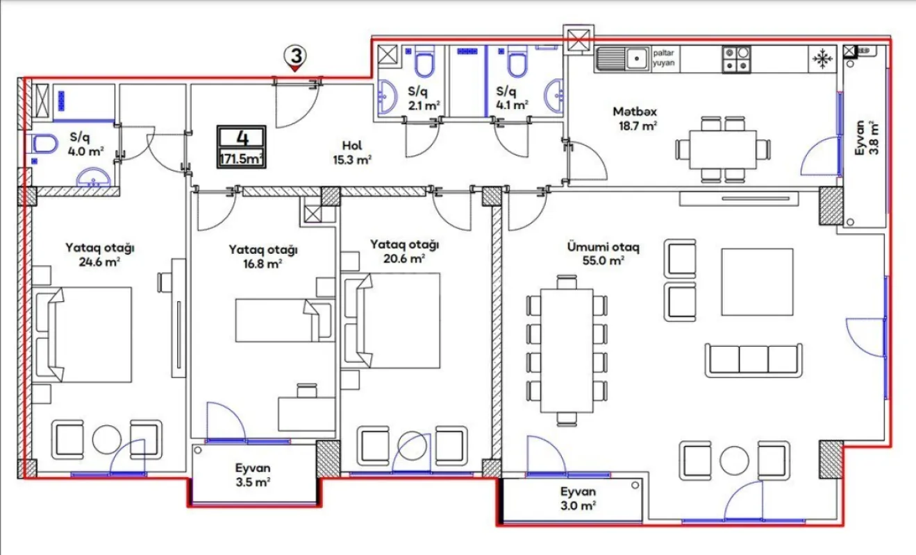 Satılır 4 otaqlı mənzil 171.5 m²