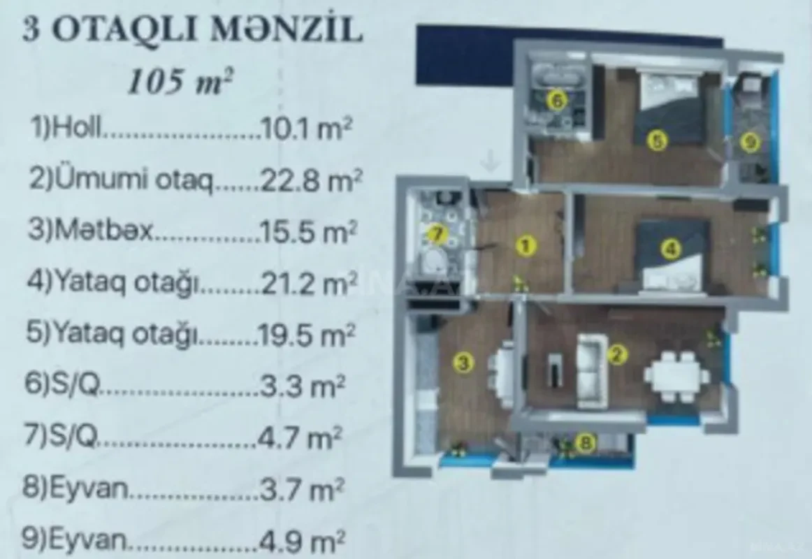 Satılır 3 otaqlı mənzil 106 m²