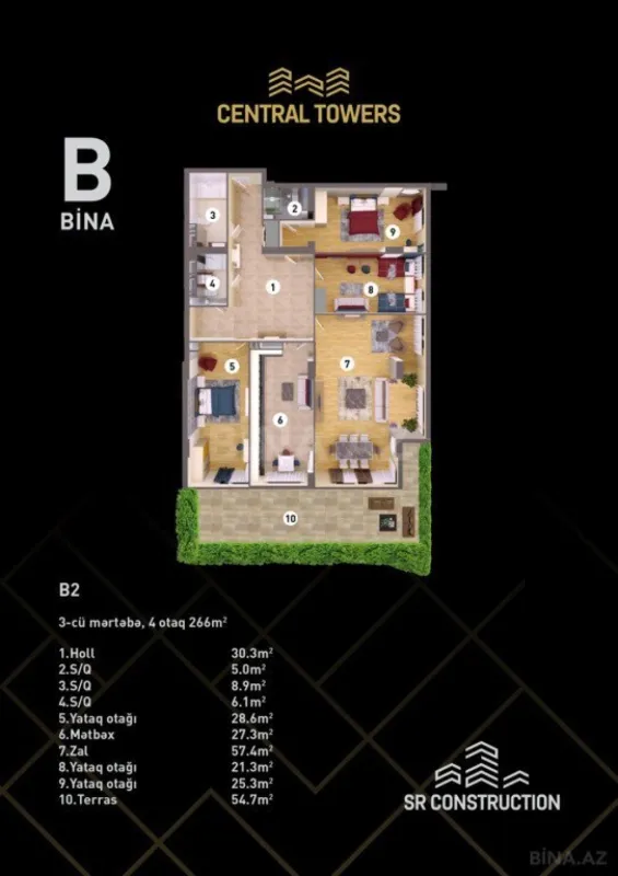 Satılır 4 otaqlı mənzil 266 m²