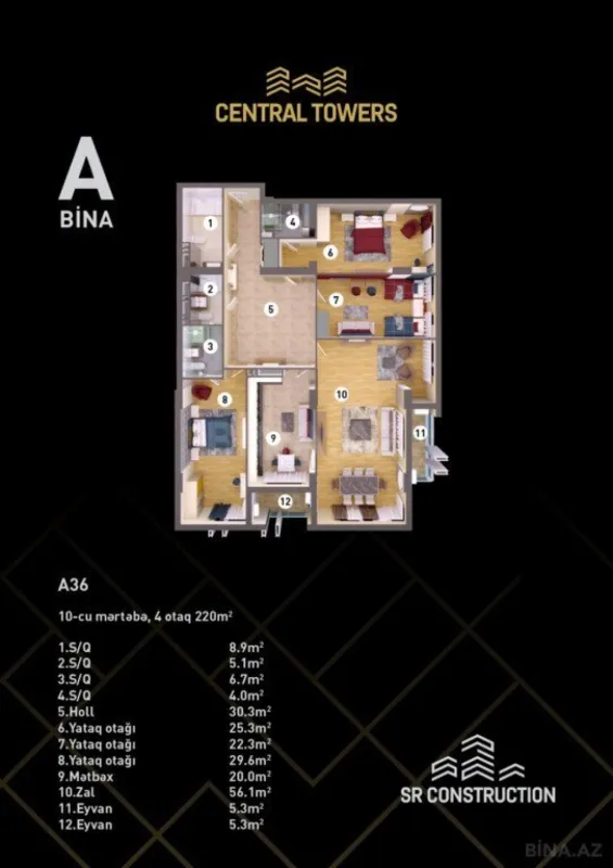 Satılır 4 otaqlı mənzil 220 m²