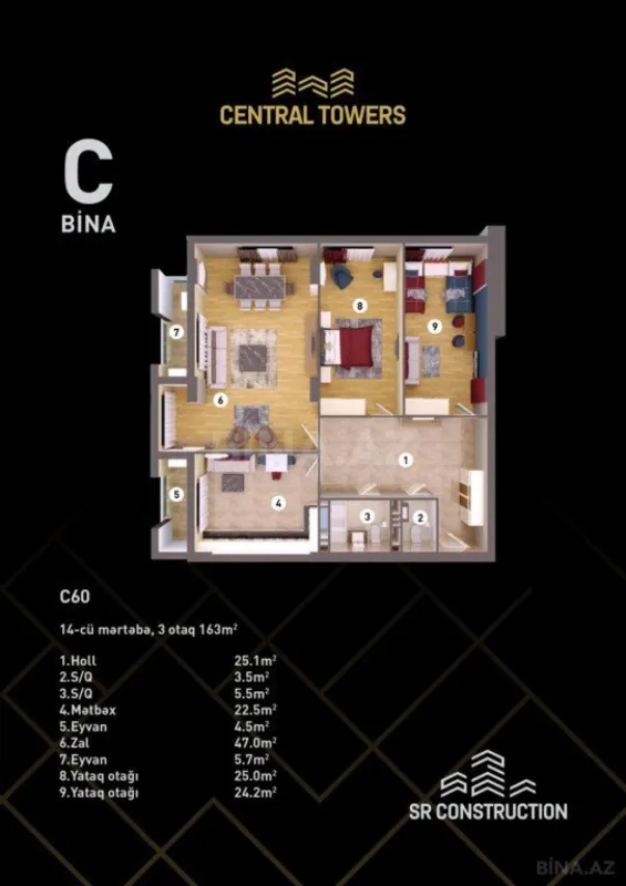 Satılır 3 otaqlı mənzil 163 m²