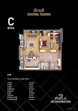 Satılır 3 otaqlı mənzil 163 m²