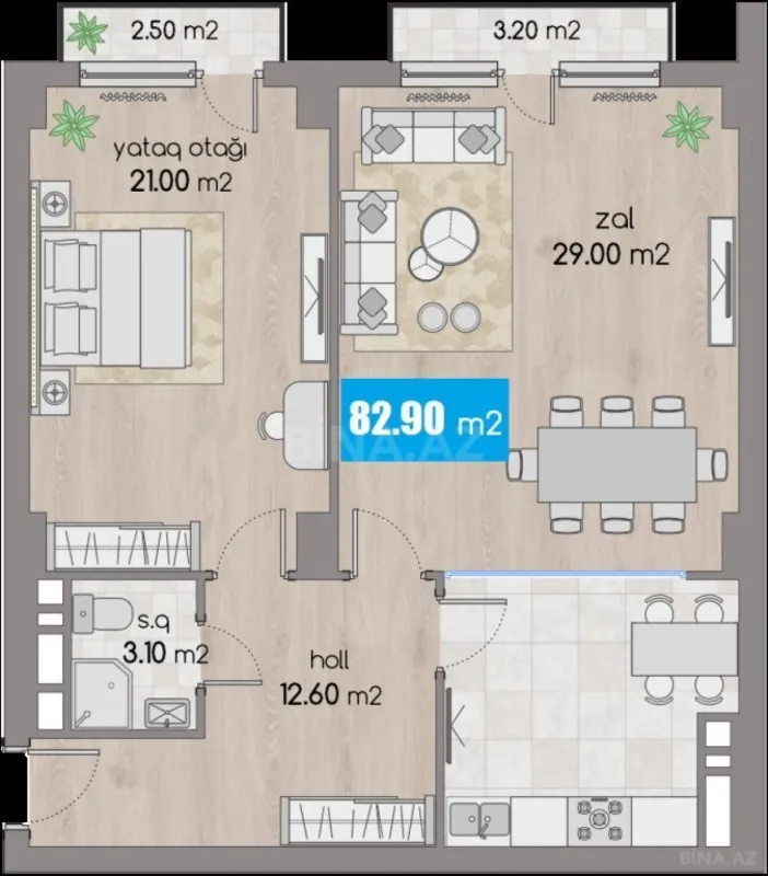 Satılır 2 otaqlı mənzil 82.9 m²