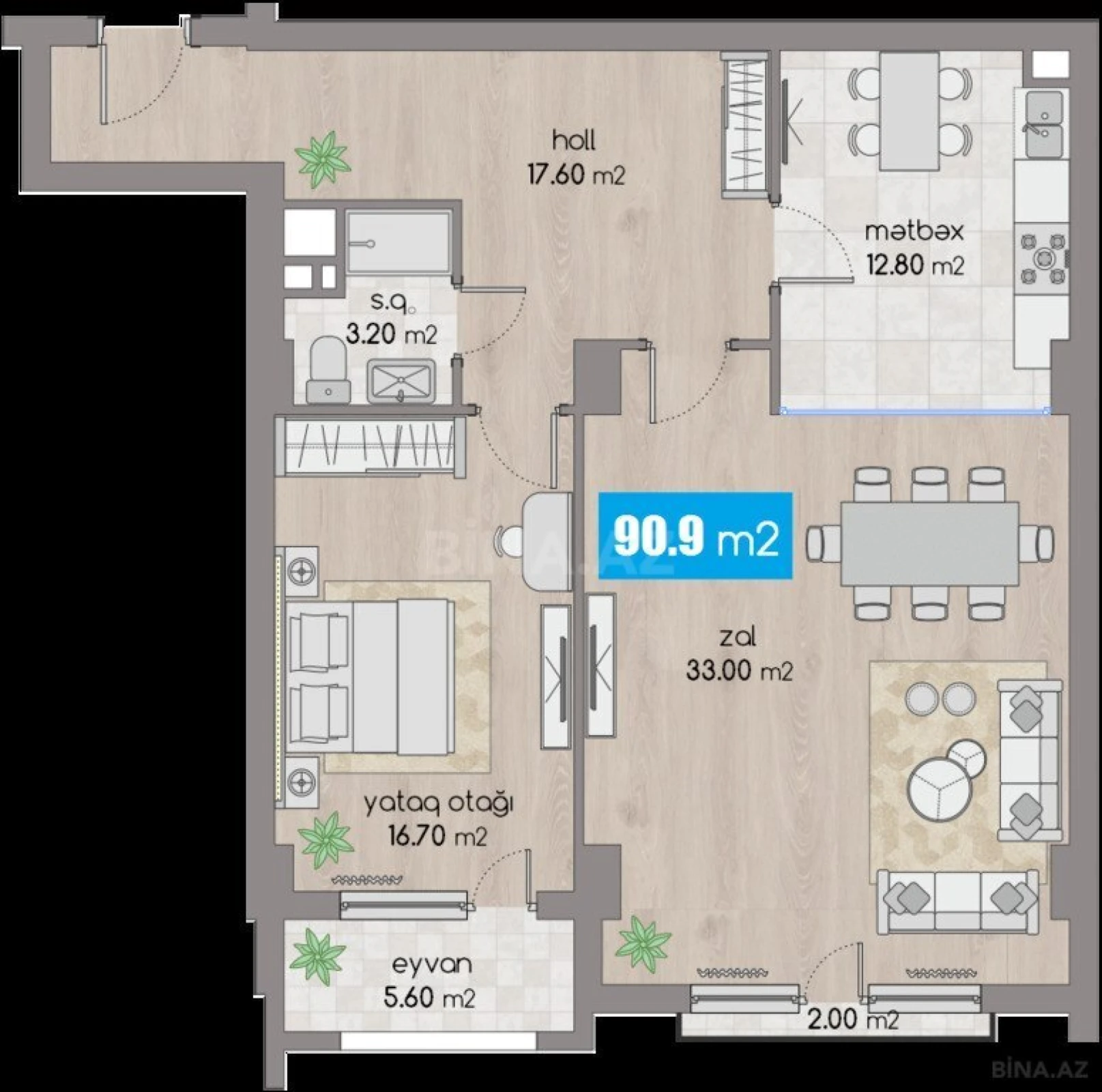 Satılır 2 otaqlı mənzil 90.9 m²