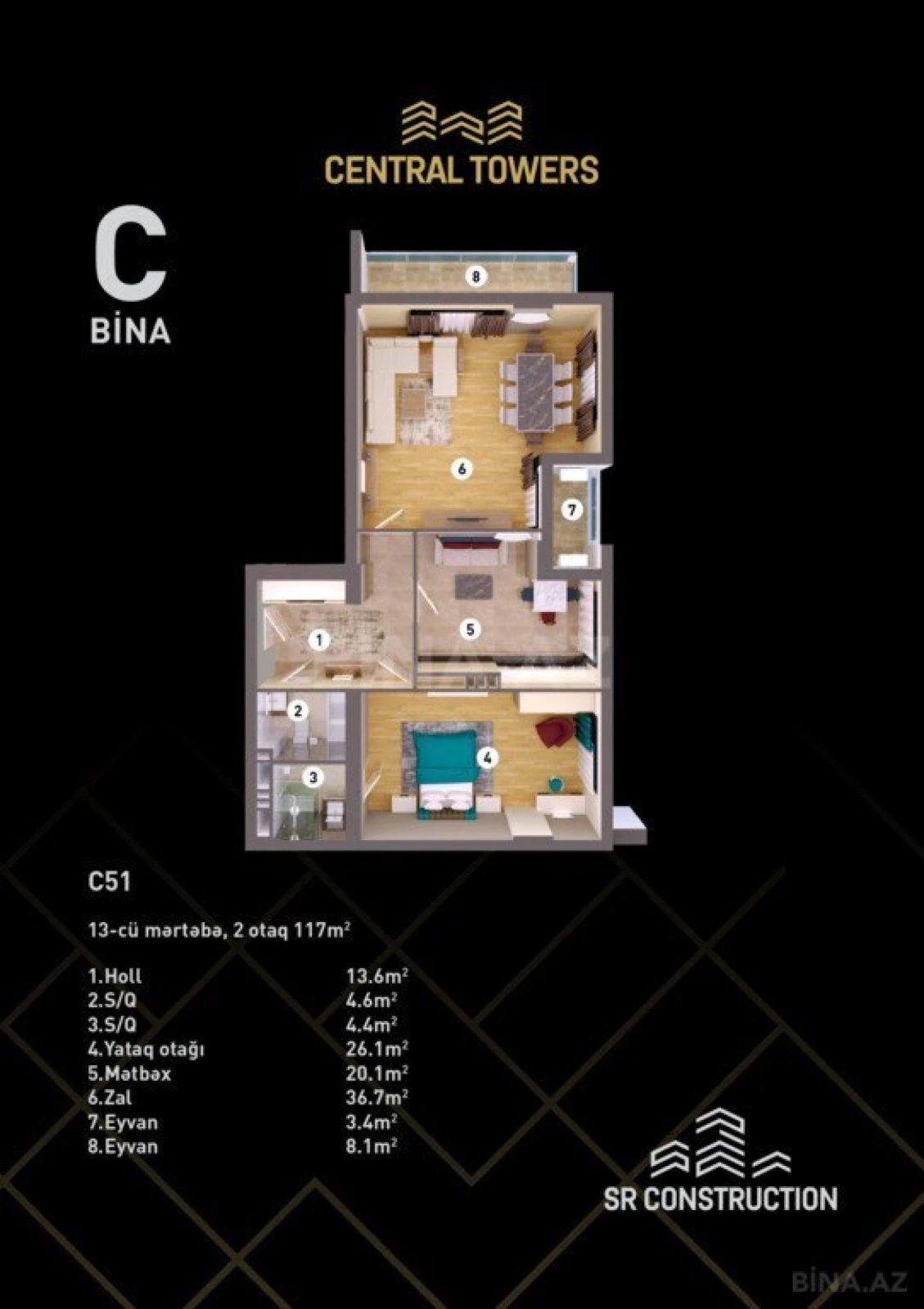 Satılır 2 otaqlı mənzil 117 m²