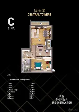 Satılır 2 otaqlı mənzil 117 m²