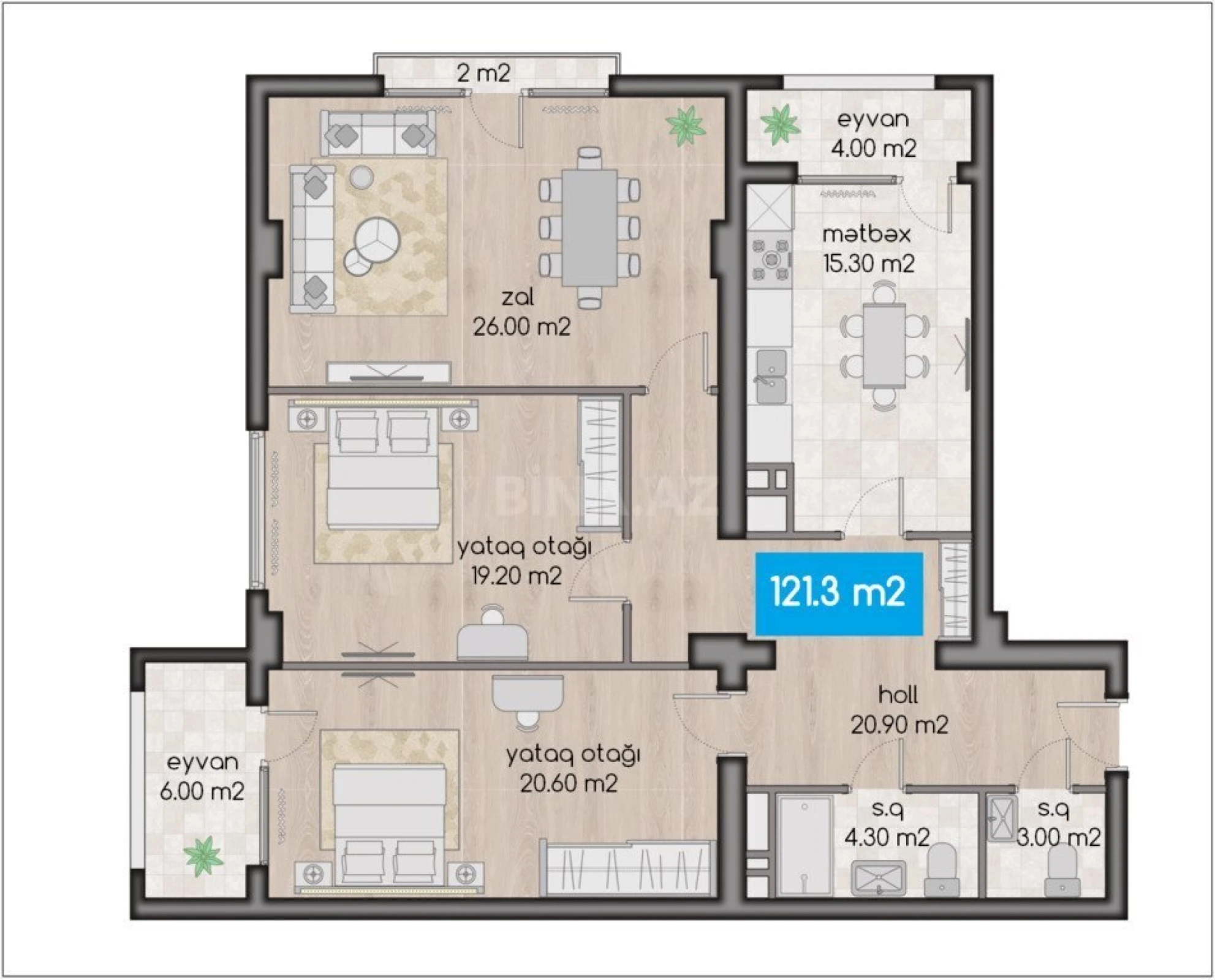 Satılır 3 otaqlı mənzil 121.3 m²
