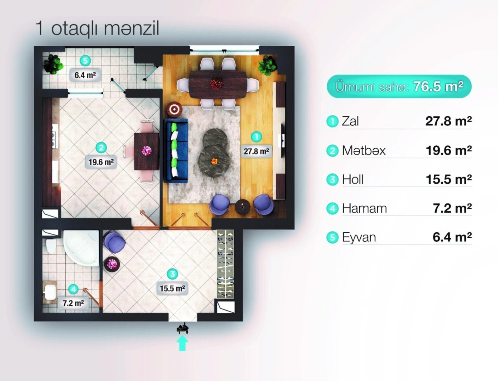 Satılır 2 otaqlı mənzil 77 m²