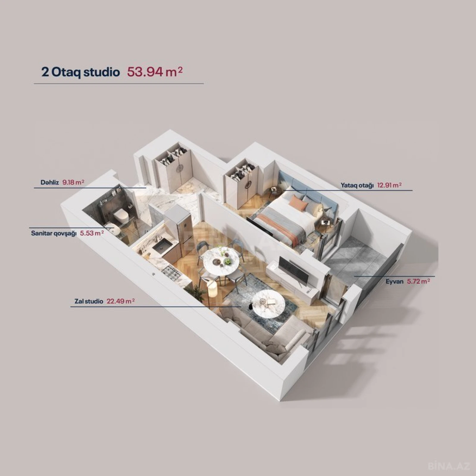 Satılır 2 otaqlı mənzil 53.9 m²