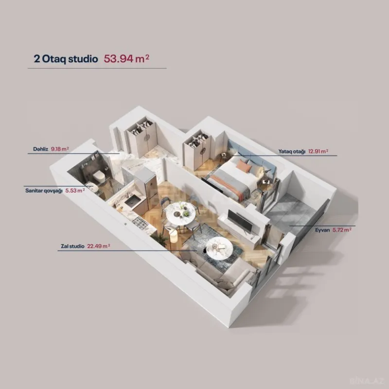 Satılır 2 otaqlı mənzil 53.9 m²