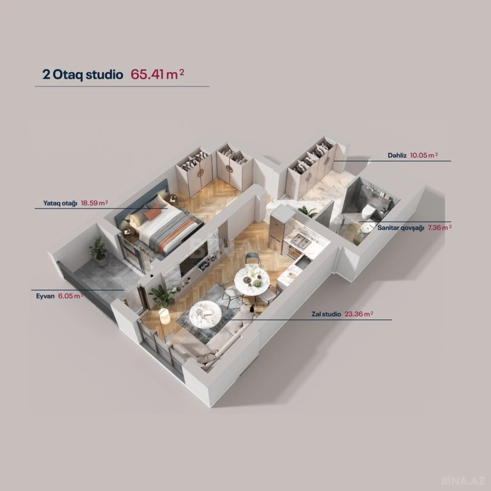 Satılır 2 otaqlı mənzil 65.4 m²