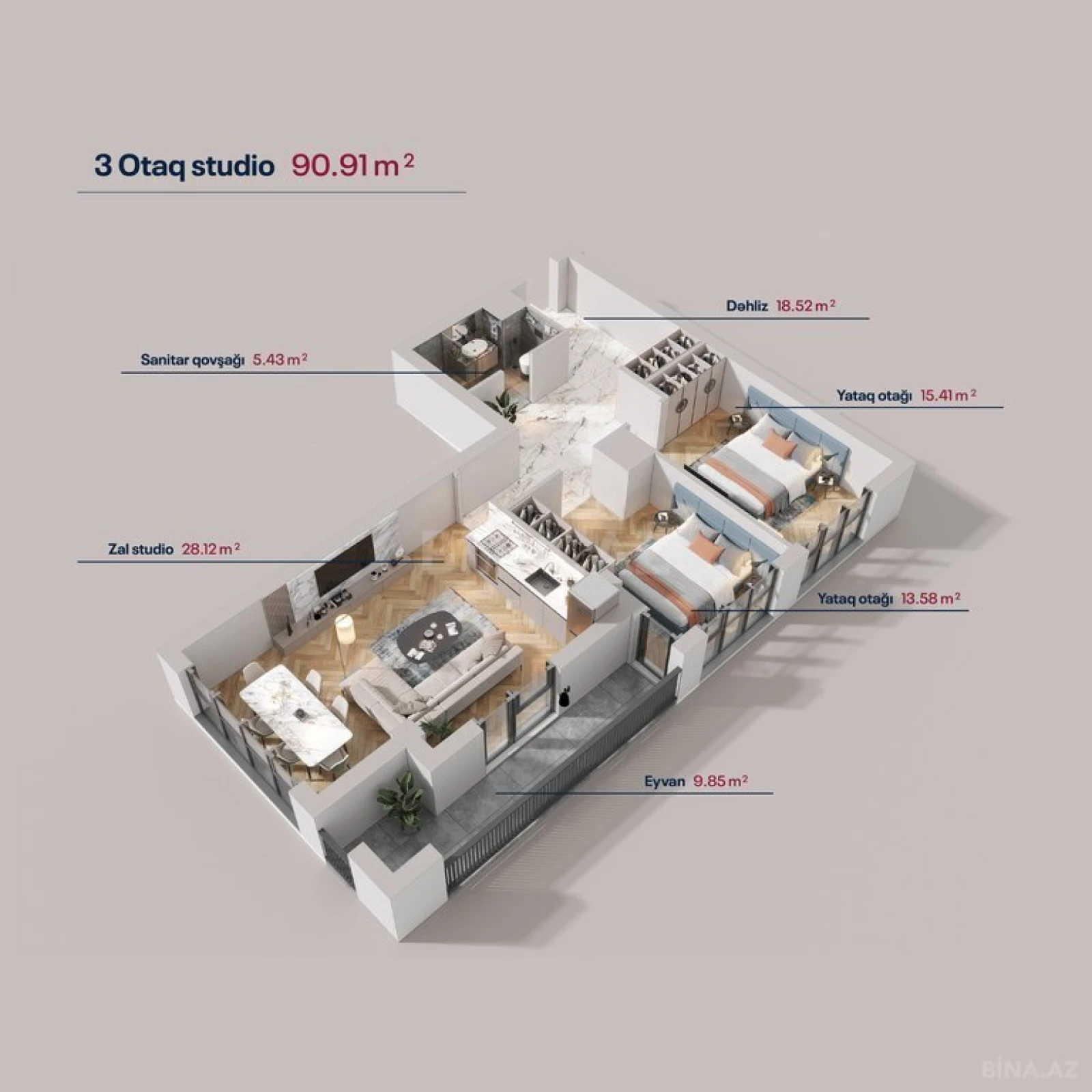 Satılır 3 otaqlı mənzil 90.9 m²