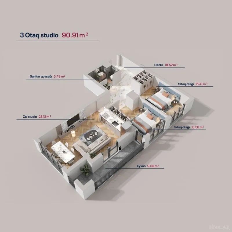 Satılır 3 otaqlı mənzil 90.9 m²
