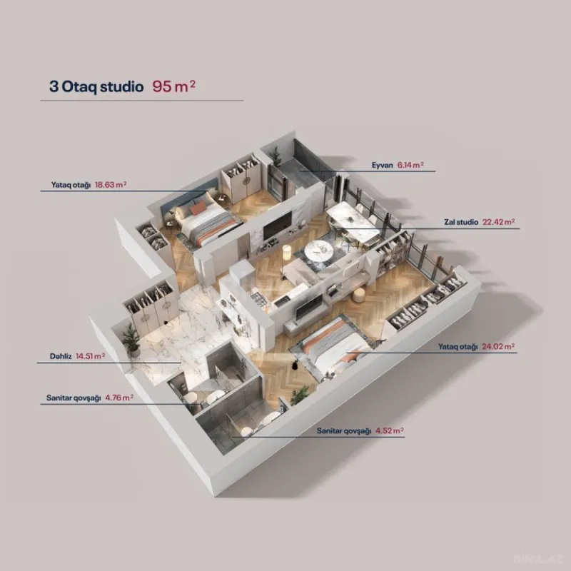 Satılır 3 otaqlı mənzil 95 m²