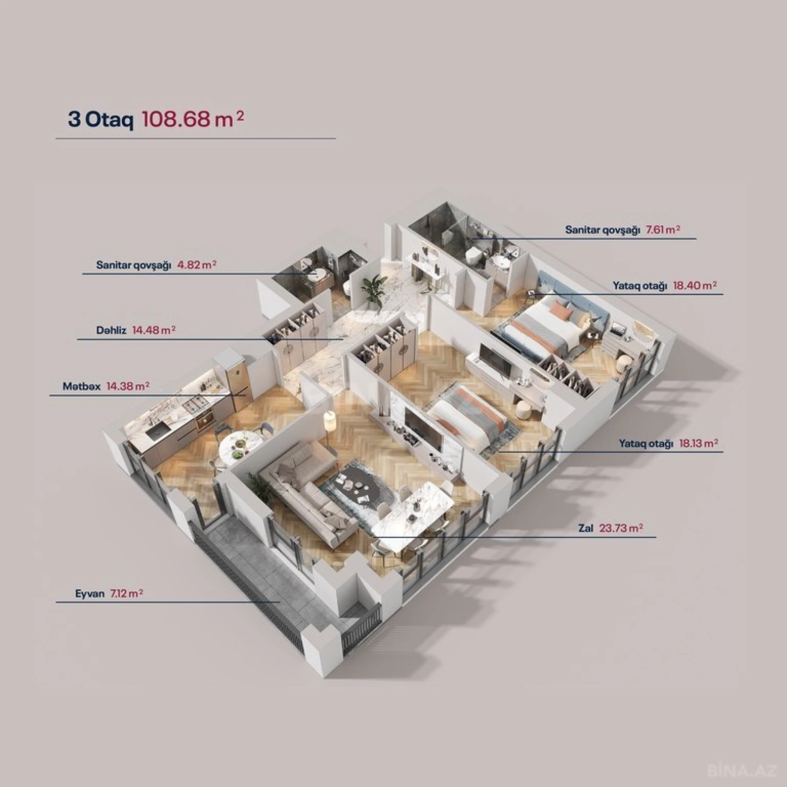 Satılır 3 otaqlı mənzil 108.6 m²