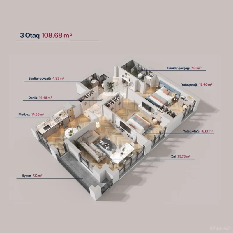 Satılır 3 otaqlı mənzil 108.6 m²