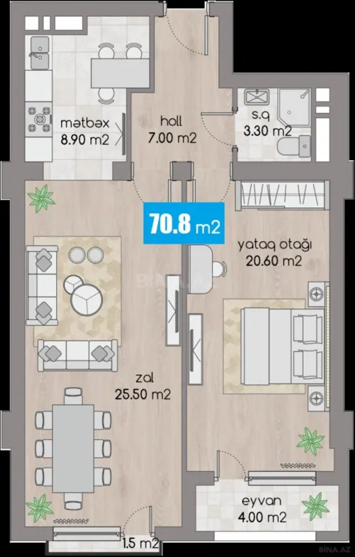 Satılır 2 otaqlı mənzil 70.8 m²