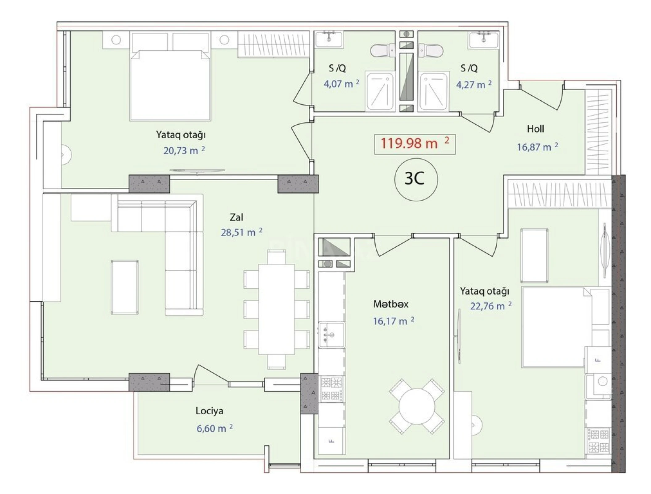 Satılır 3 otaqlı mənzil 119.9 m²