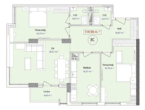 Satılır 3 otaqlı mənzil 119.9 m²