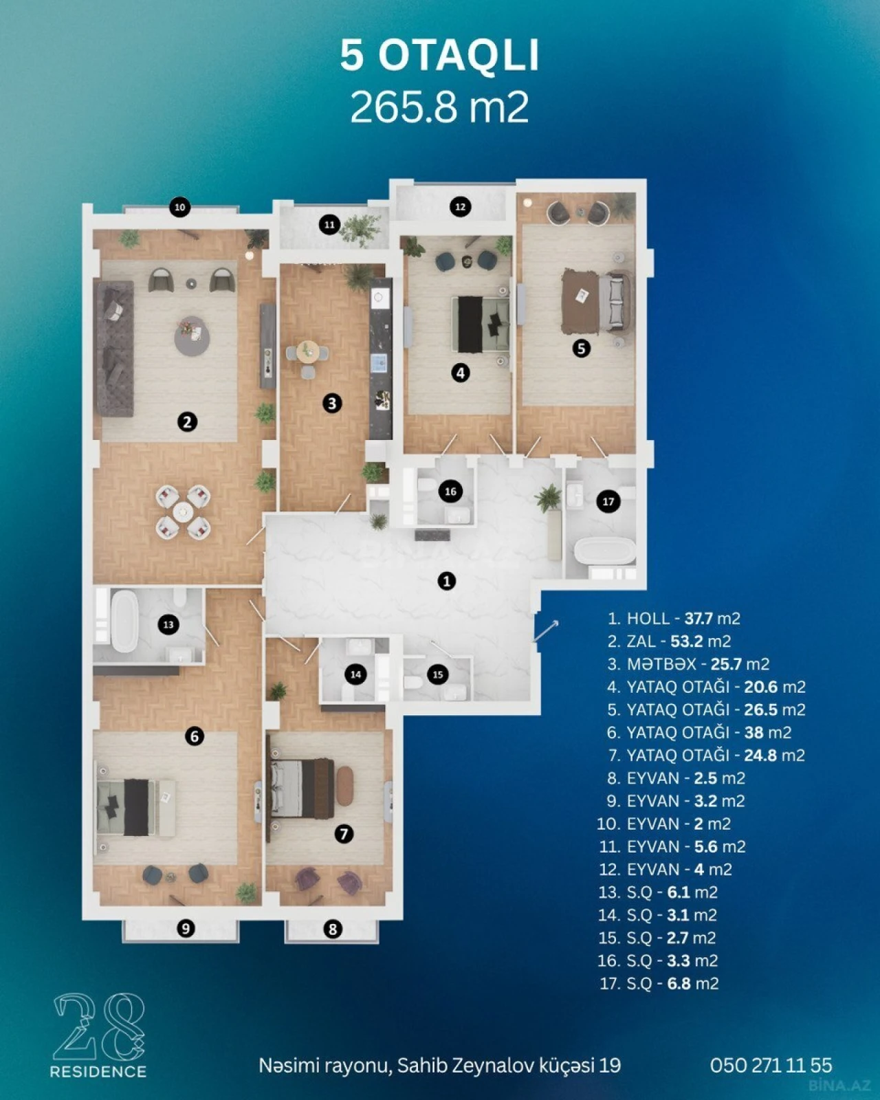 Satılır 5 otaqlı mənzil 265.8 m²