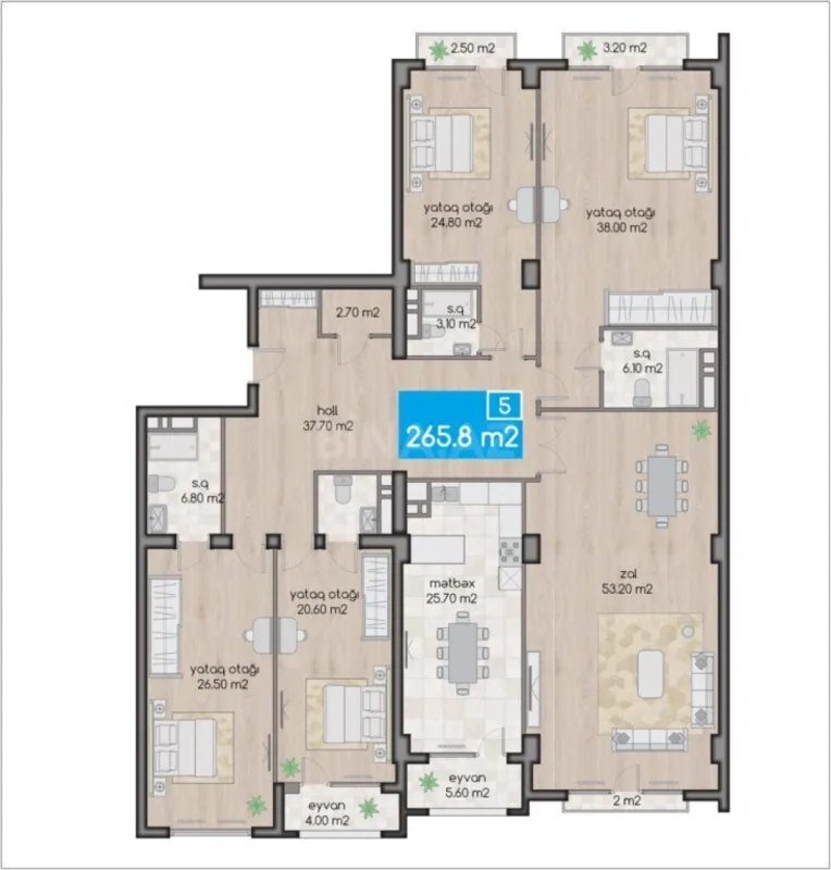 Satılır 5 otaqlı mənzil 265.8 m²