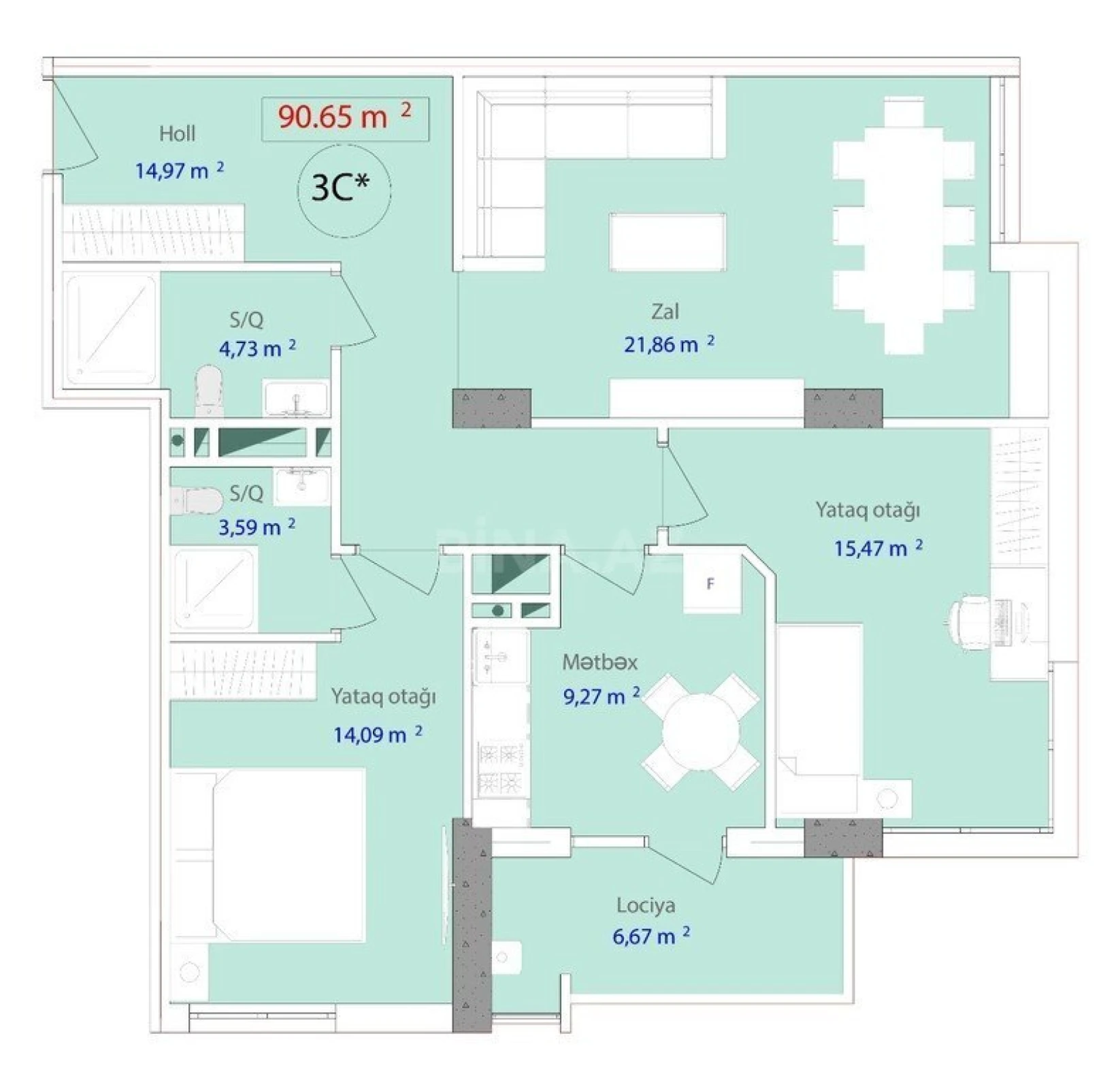Satılır 3 otaqlı mənzil 90.6 m²