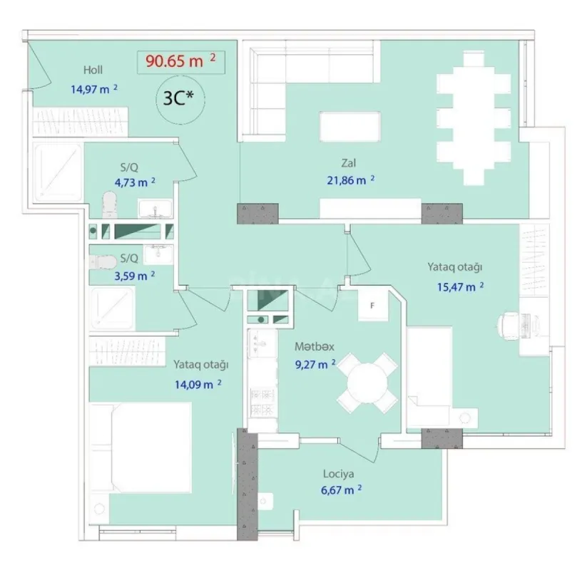 Satılır 3 otaqlı mənzil 90.6 m²