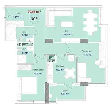 Satılır 3 otaqlı mənzil 90.6 m²
