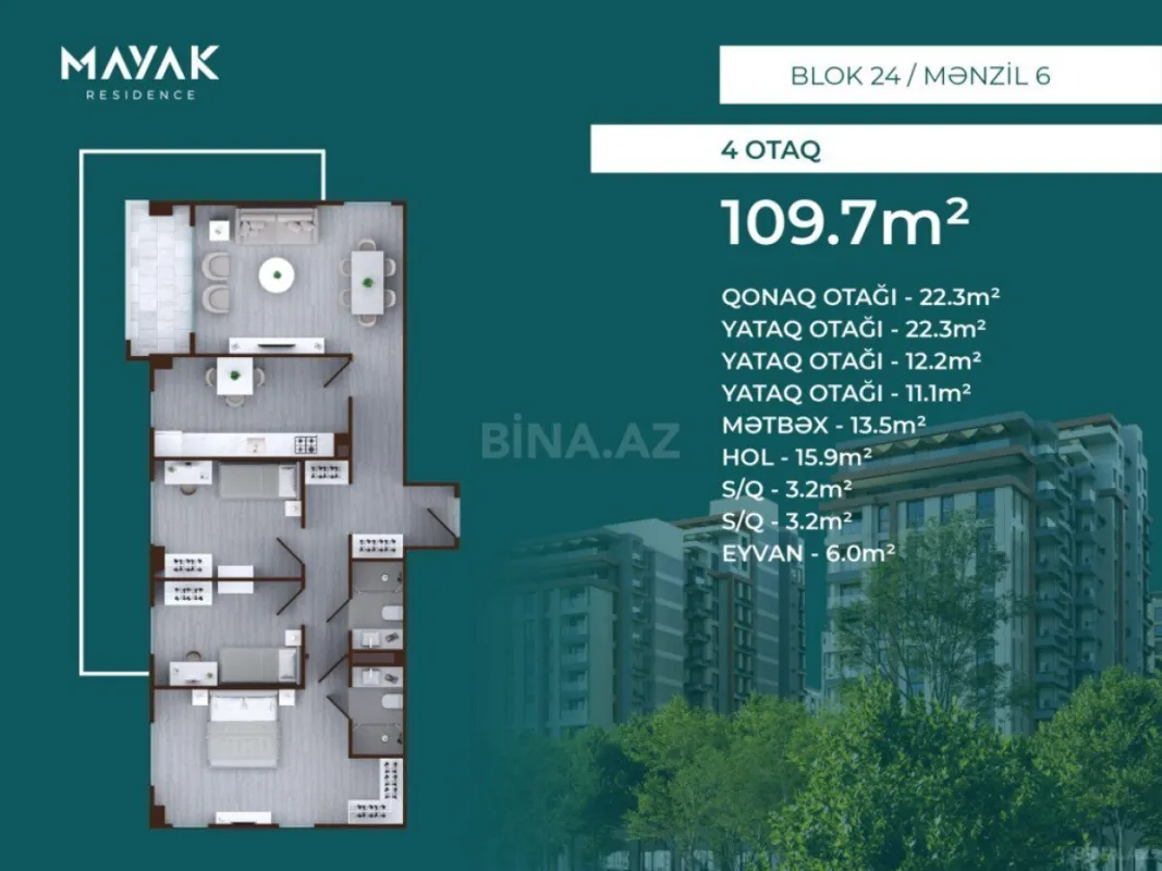 Satılır 4 otaqlı mənzil 109.7 m²
