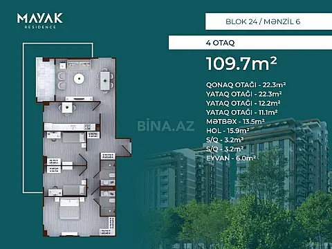 Satılır 4 otaqlı mənzil 109.7 m²