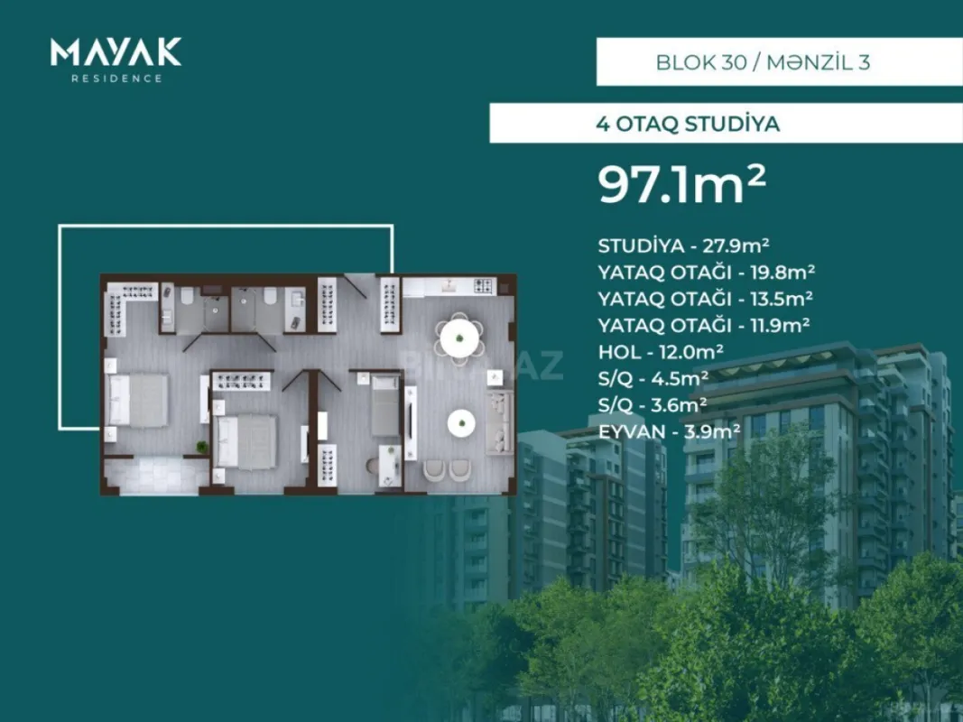 Satılır 4 otaqlı mənzil 97.1 m²