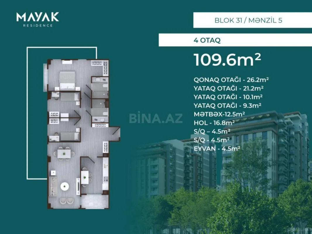 Satılır 4 otaqlı mənzil 109.6 m²