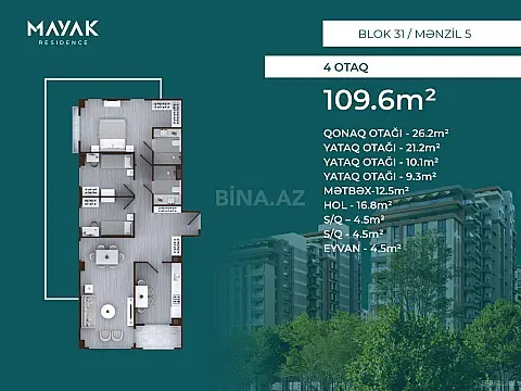 Satılır 4 otaqlı mənzil 109.6 m²