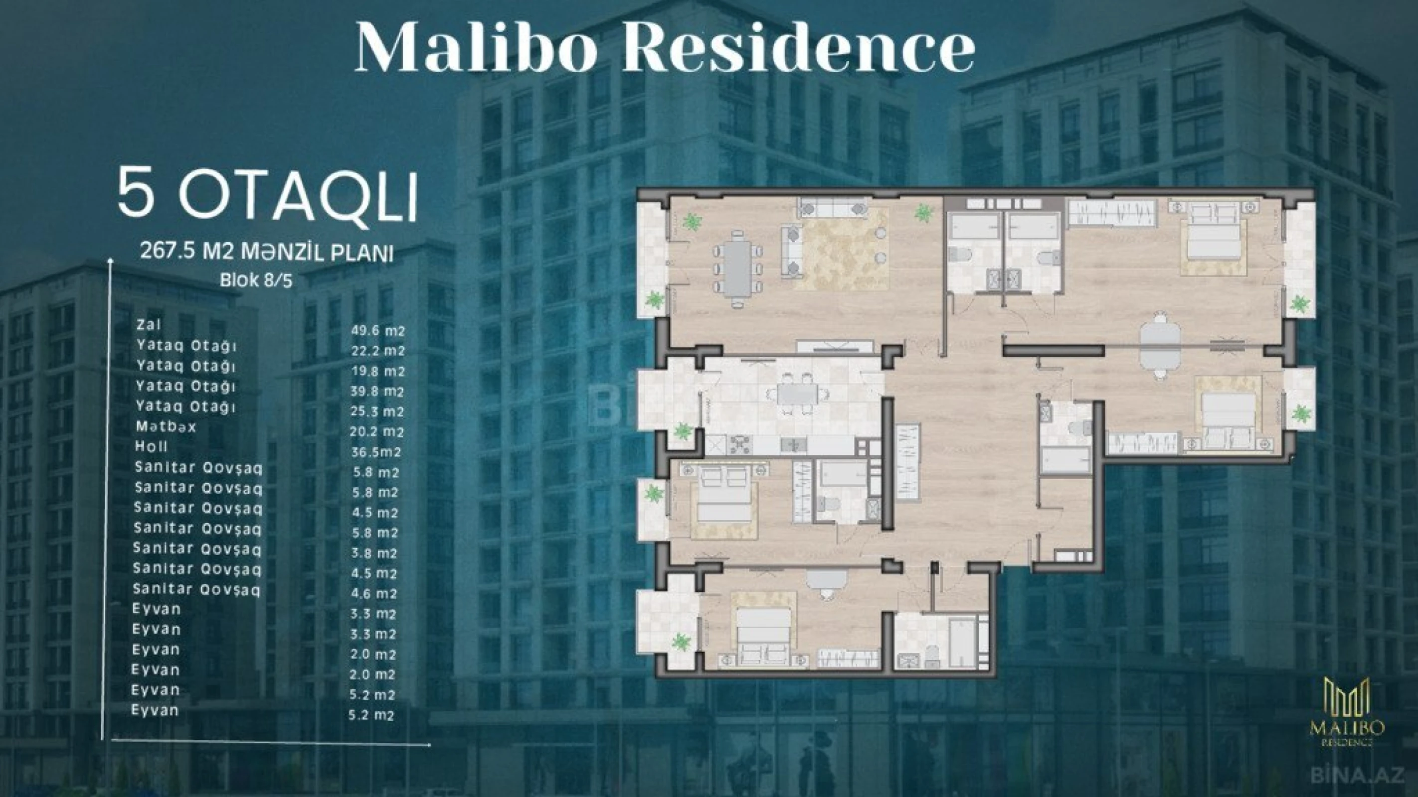 Satılır 5 otaqlı mənzil 267.5 m²