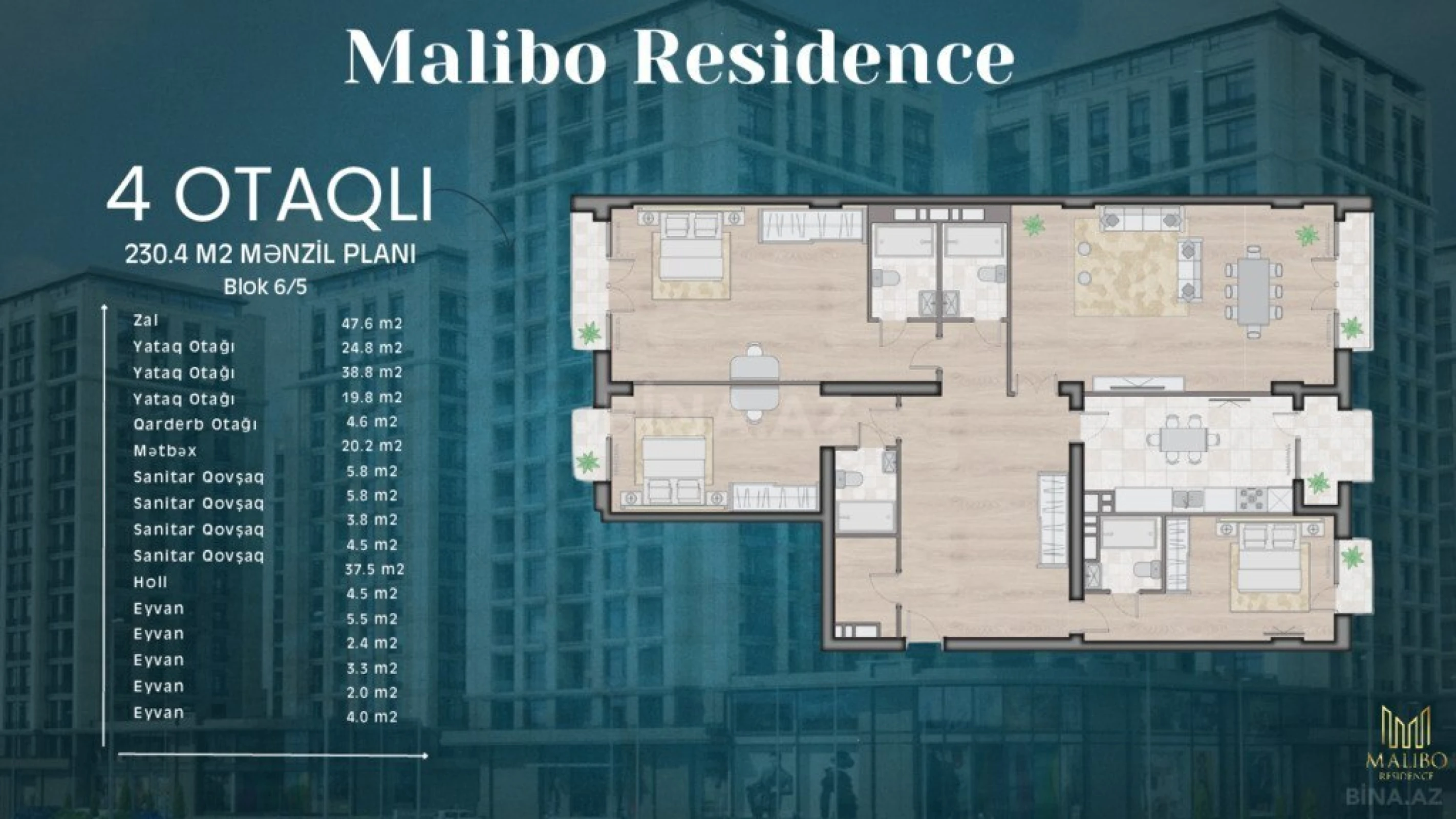Satılır 4 otaqlı mənzil 230.4 m²
