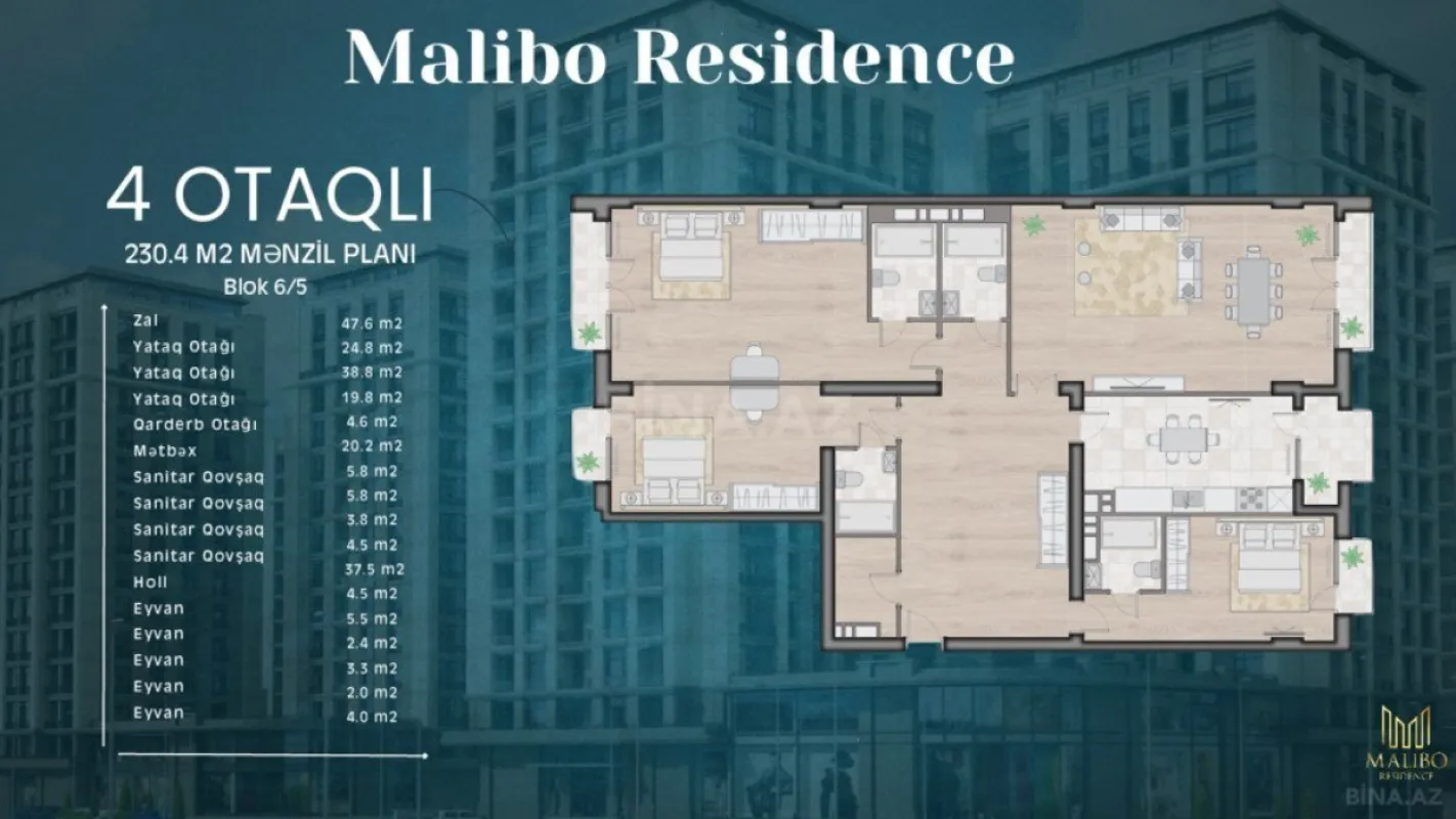 Satılır 4 otaqlı mənzil 230.4 m²