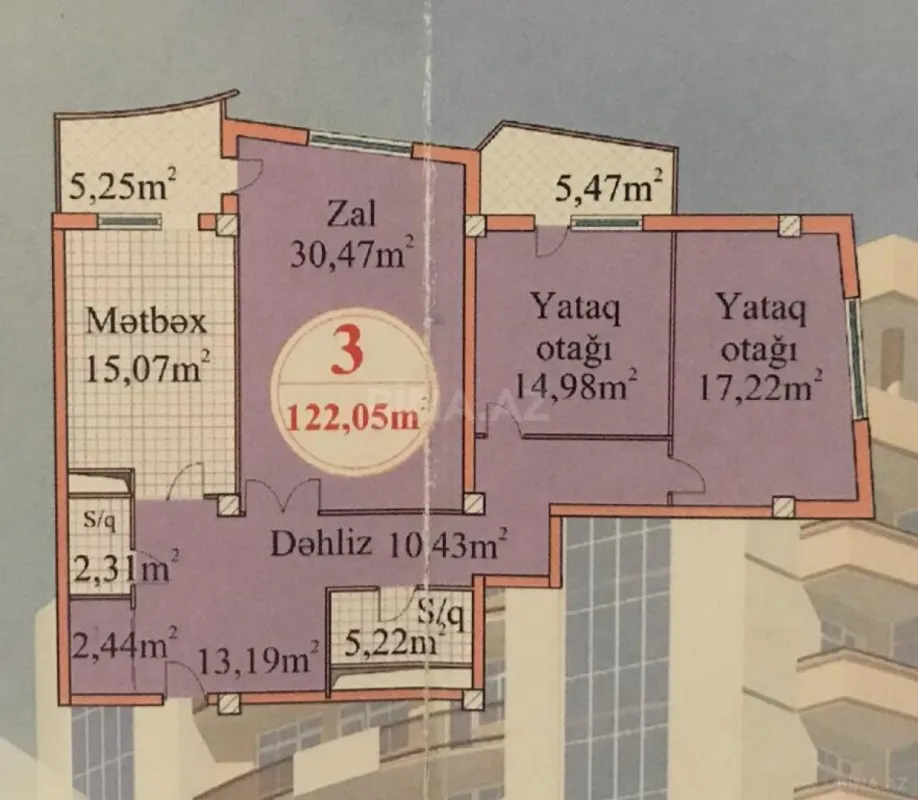 Satılır 3 otaqlı mənzil 122 m²