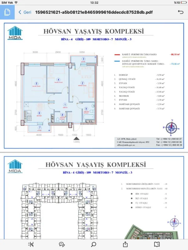 Satılır 3 otaqlı mənzil 73.3 m²