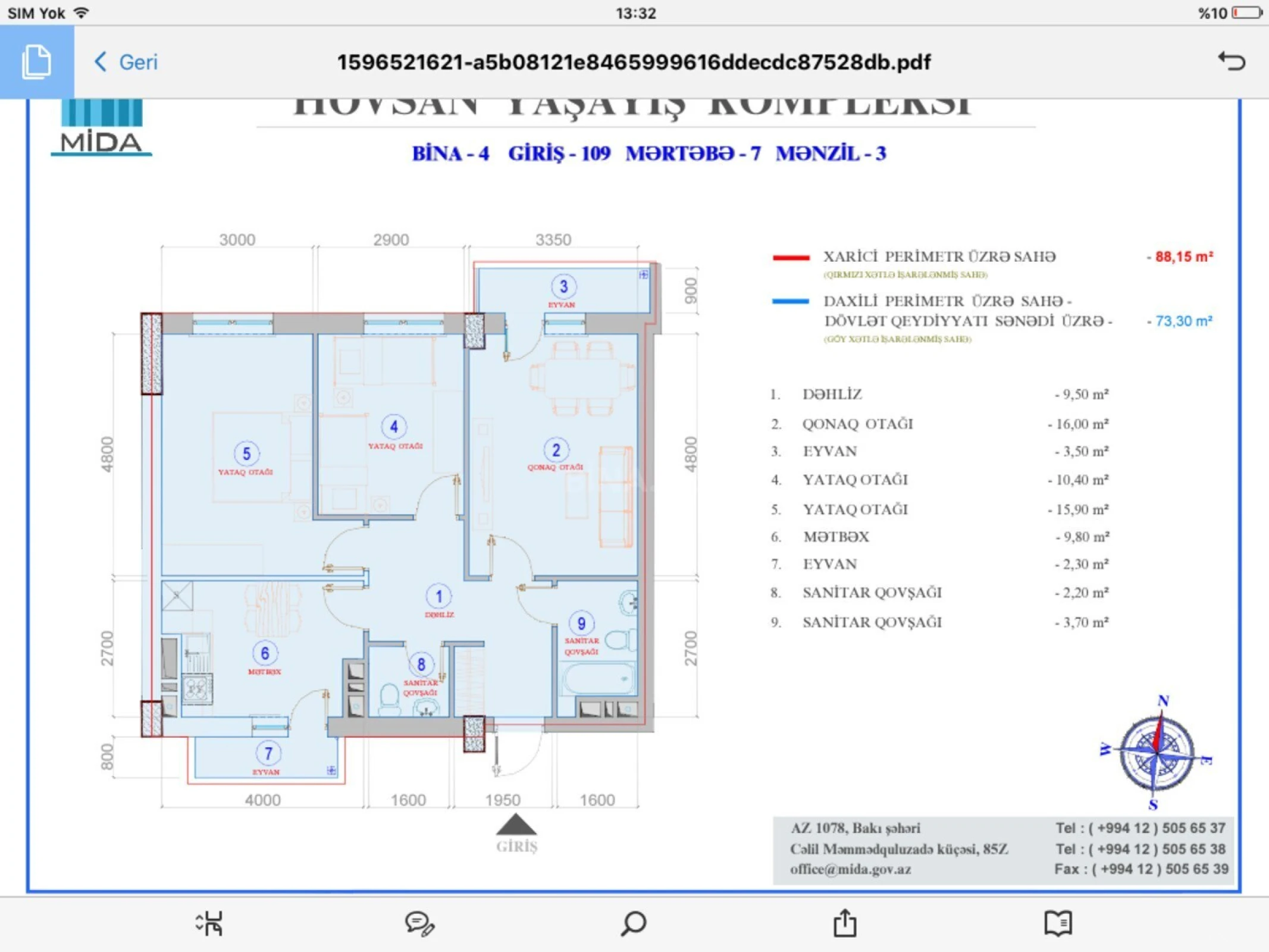 Satılır 3 otaqlı mənzil 73.3 m²