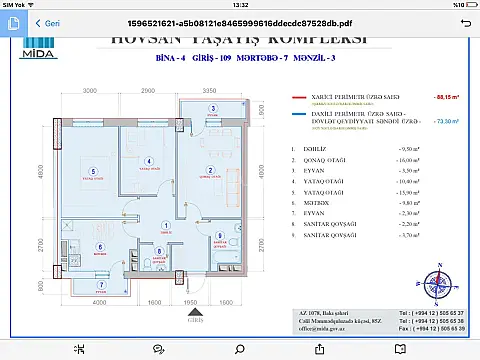 Satılır 3 otaqlı mənzil 73.3 m²