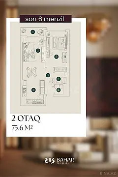 Satılır 2 otaqlı mənzil 75.6 m²